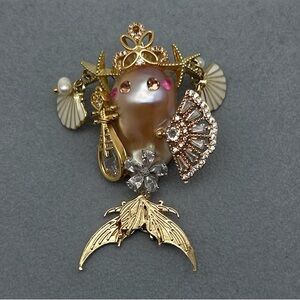 Gold Mermaid Brooch with Pearl and Crystal Accents